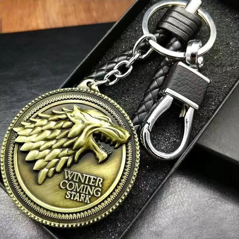 Thrones Keychain Stark Wolf Head Badge Key Chains Leather Rope Keyring Pendant llaveros Accessories Gifts for friends