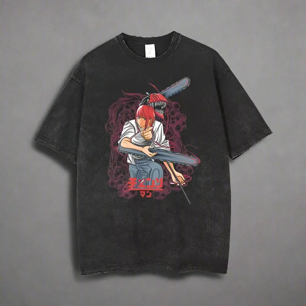 🪚 Chainsaw Man Acid-Washed Vintage Graphic T-Shirt – Harajuku Streetwear
