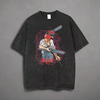 🪚 Chainsaw Man Acid-Washed Vintage Graphic T-Shirt – Harajuku Streetwear