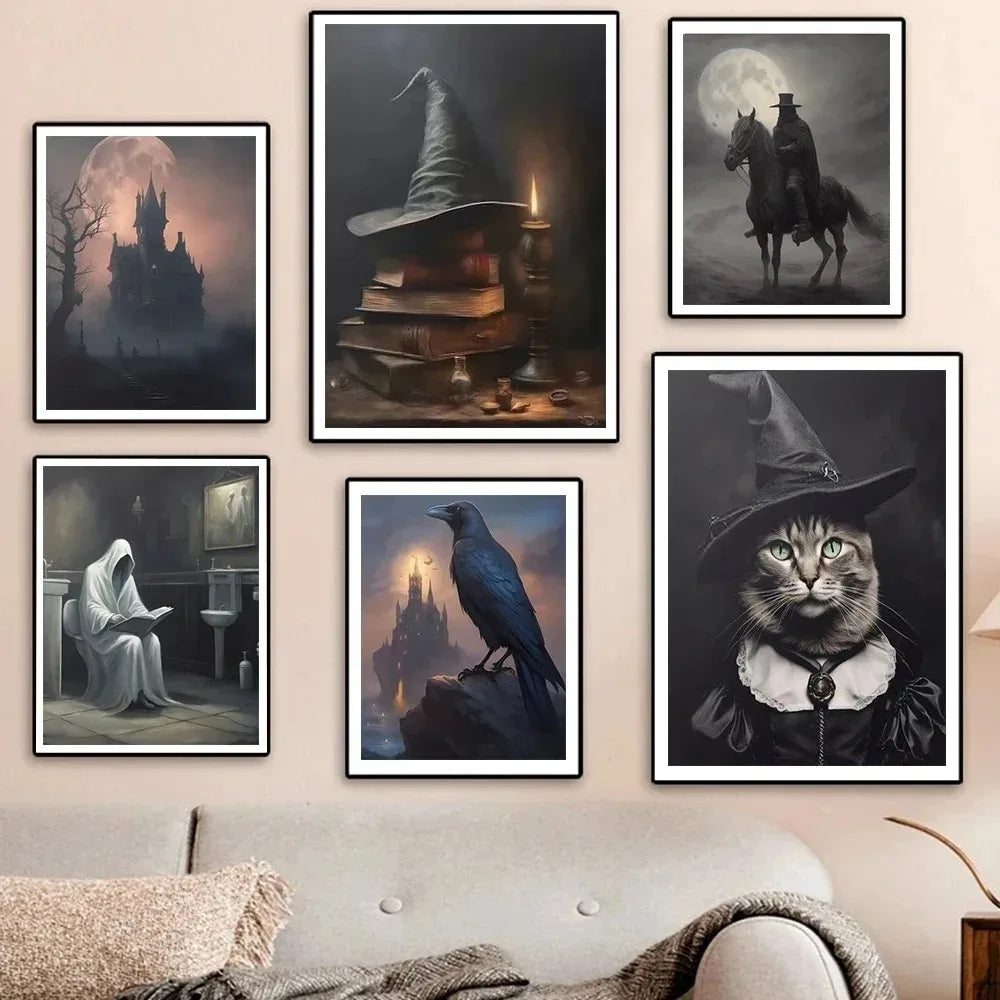 Dark Academia Art Crow Raven Witch Cat Poster Prints For Living Room Home Decor Gothic Knight Ghost Canvas Painting Wall Art