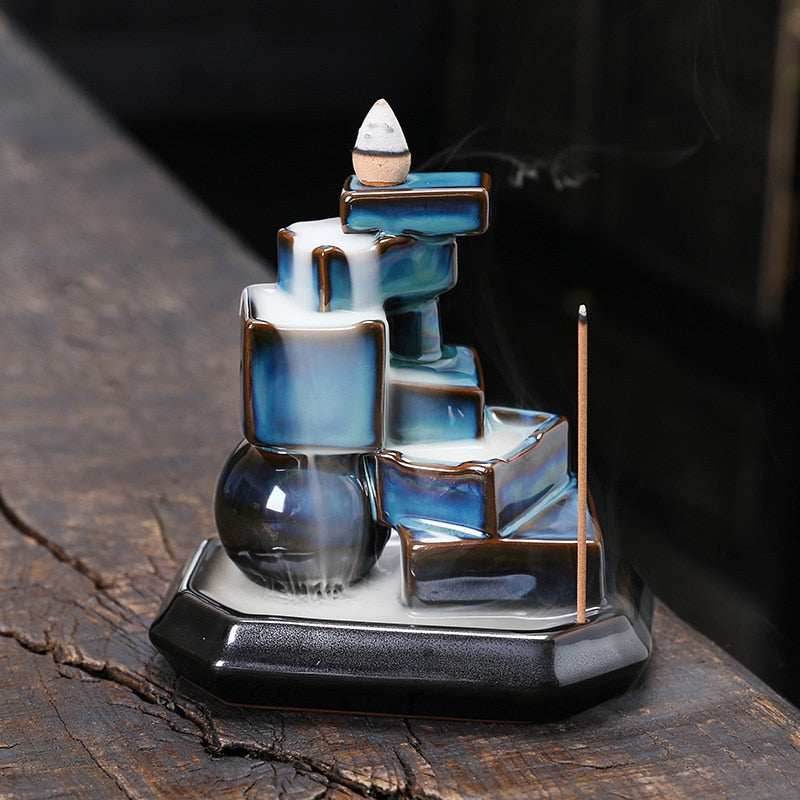 Blue Cubes Waterfall-Cascading Backflow Incense Burner - 
