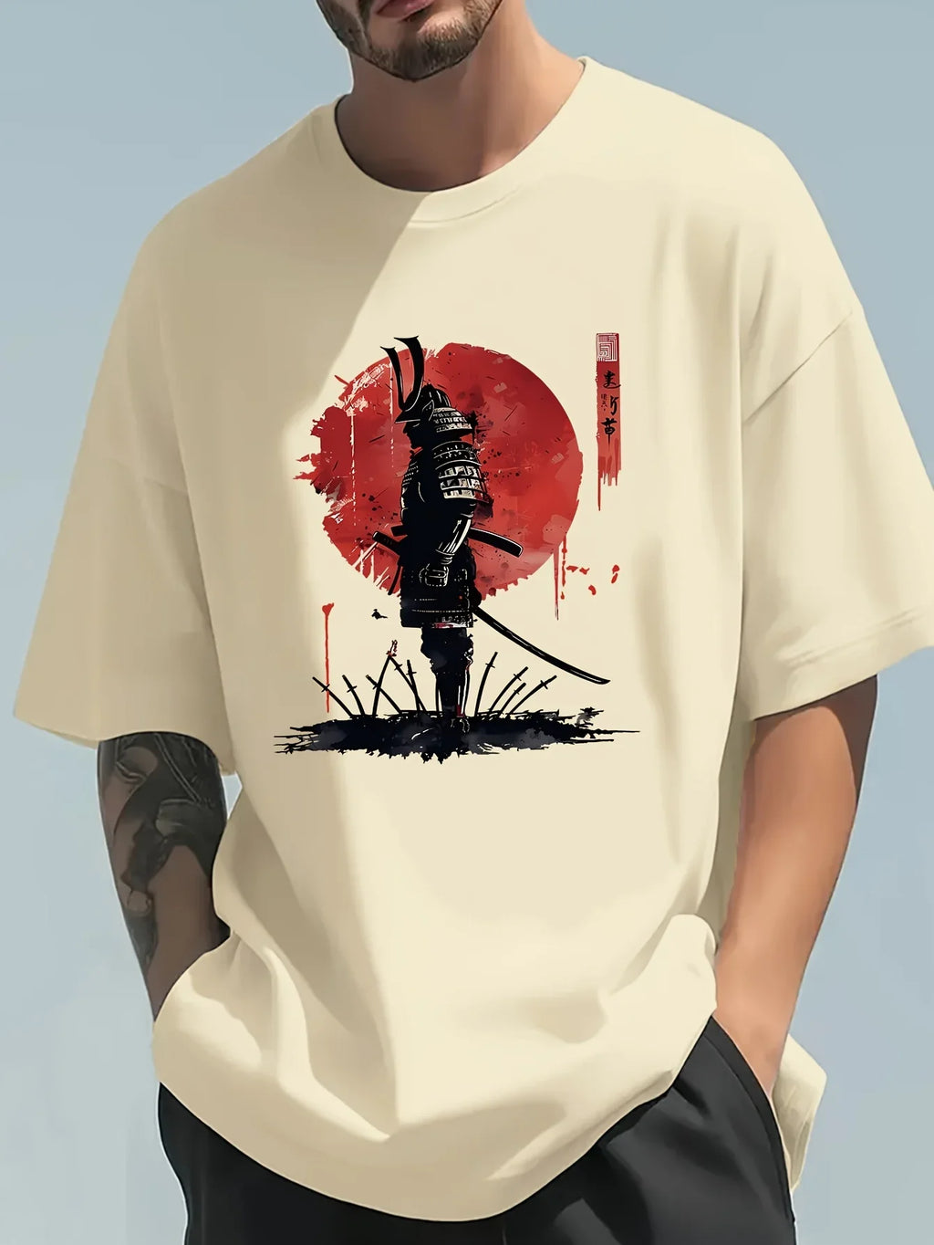 Japanese Samurai Pattern T-shirt 100 Cotton Summer Top
