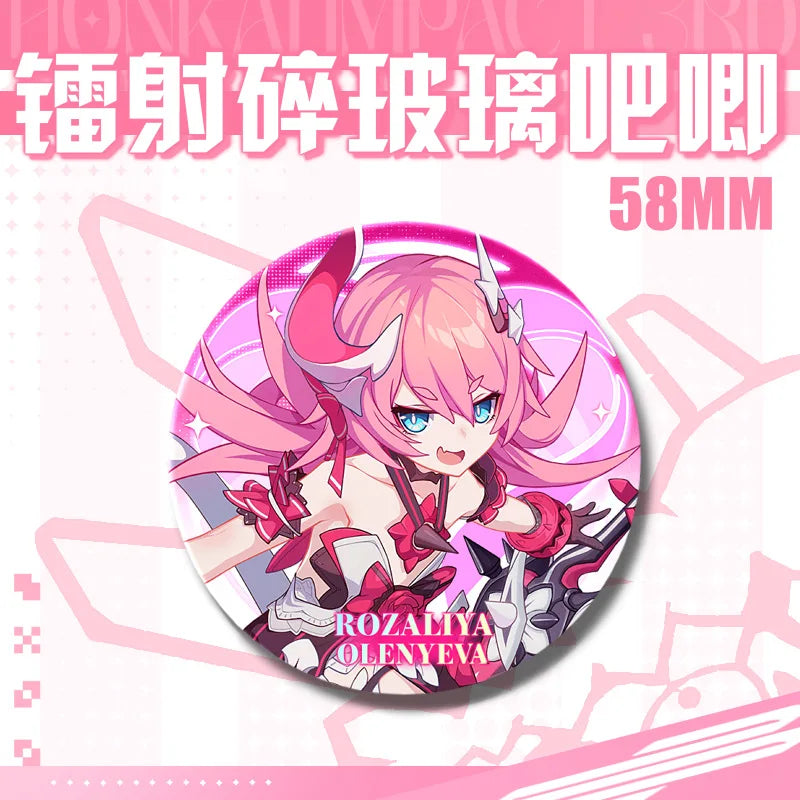 Kawaii Honkai Impact 3 Valkyrie Girls 58mm Laser Pin Badge Cosplay Accessories for Clothes Backpack Decor Brooch Gifts Keychain