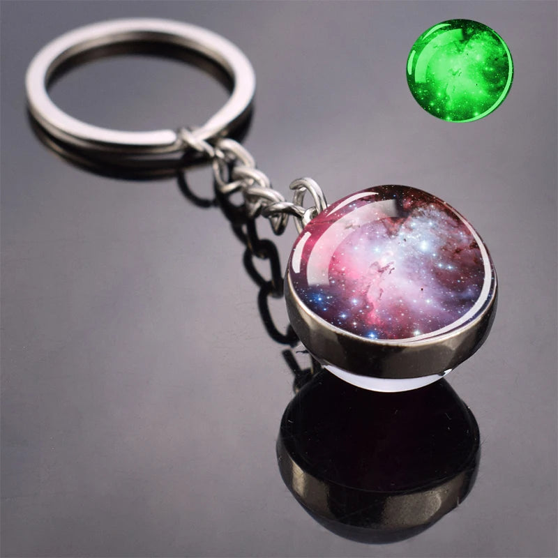 Glow In The Dark Multicolor Planet Galaxy Keychain Universe Key Chain Outer Space Astronomical Jewelry Glass Ball Keyring