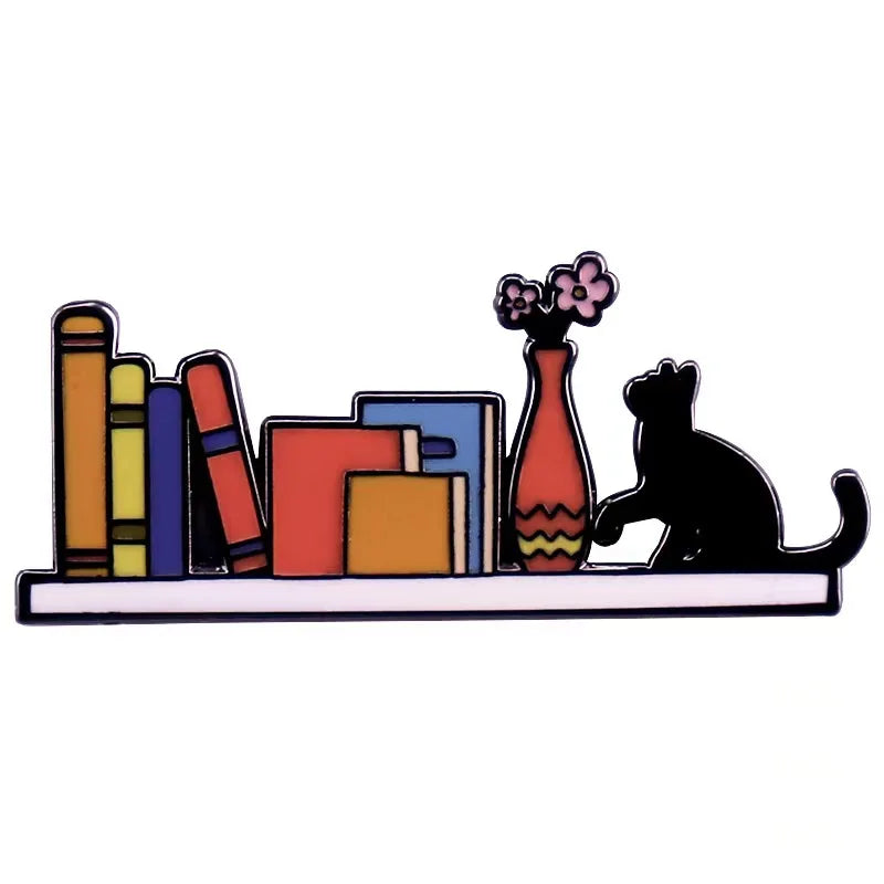 Stylish Book Lovers Enamel Pin Cat and Bookshelf Brooch Badge to Gift Student Friends Unique Jewelry Book Accessories