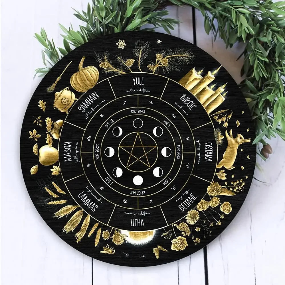 Roue de l'année panneau en bois plaque murale ronde sorcière païenne Wiccan vacances celtique sabbat cadeaux vintage maison bar café décoration murale