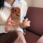 Brown Cute Leather Leopard Print Glasses KT Phone Case Suitable For iPhone 14 Pro 15 16 17 Pro Max Shockproof Protective Case