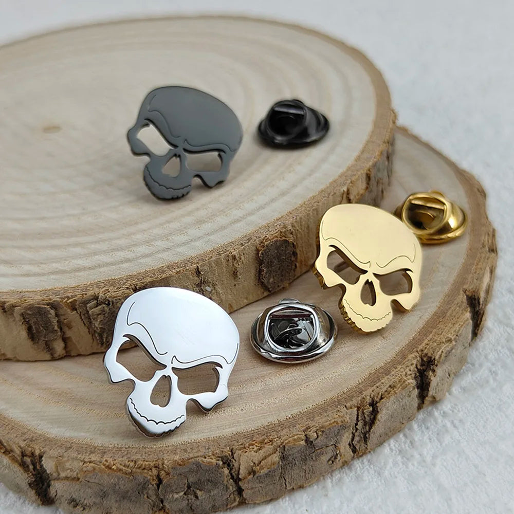 New skull men's lapel pin, 316L stainless steel gold-plated badge, black brooch for suit accessories, gift for father
