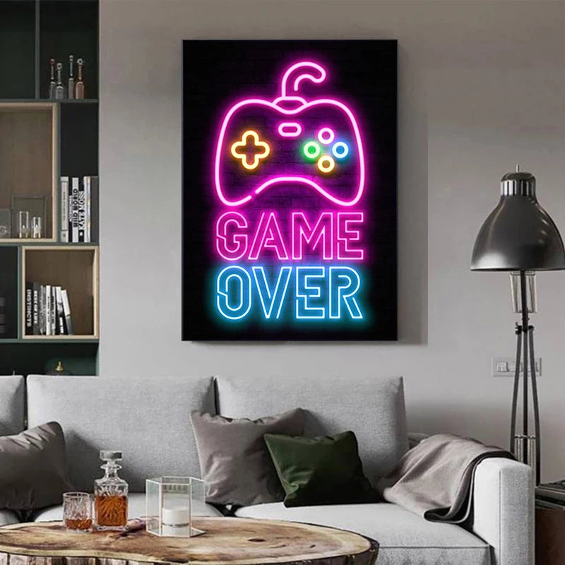 Affiches de jeux vidéo néon, chats et citations de jeu, peinture sur toile imprimée, manette de jeu, salle de jeu, tableau d'art mural, décor de salle de Gamer