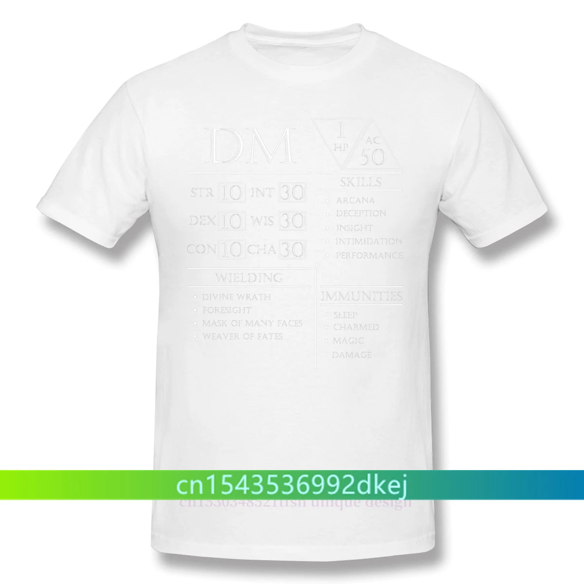 Fashion DM Stats - Character Sheet Clothes Design Dungeon Master Adventure Games Cotton Camiseta Men T-Shirt