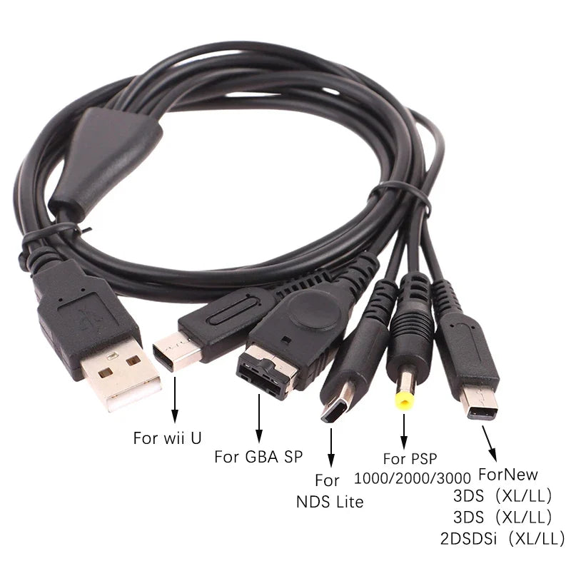 5-in-1 Multi-Console USB Charging Cable | 1.2M Fast Charger Cord for Nintendo 3DS, DSi, Wii U, GBA, PSP