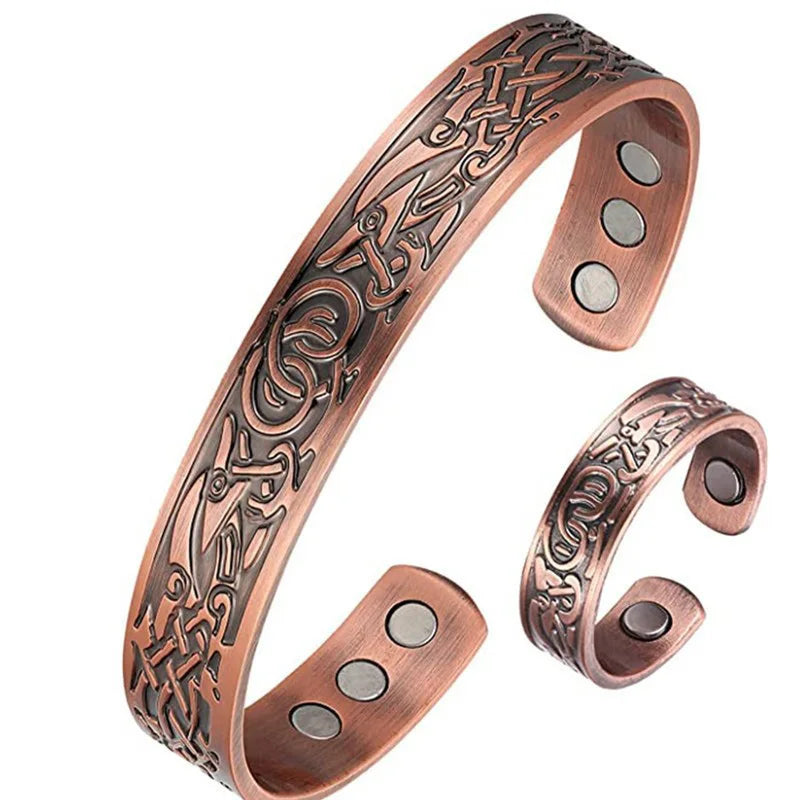 1pcs Antique Copper Bracelet European And American Copper Vintage Simple Double Ring Pattern Magnet Energy Ring Bracelet Set