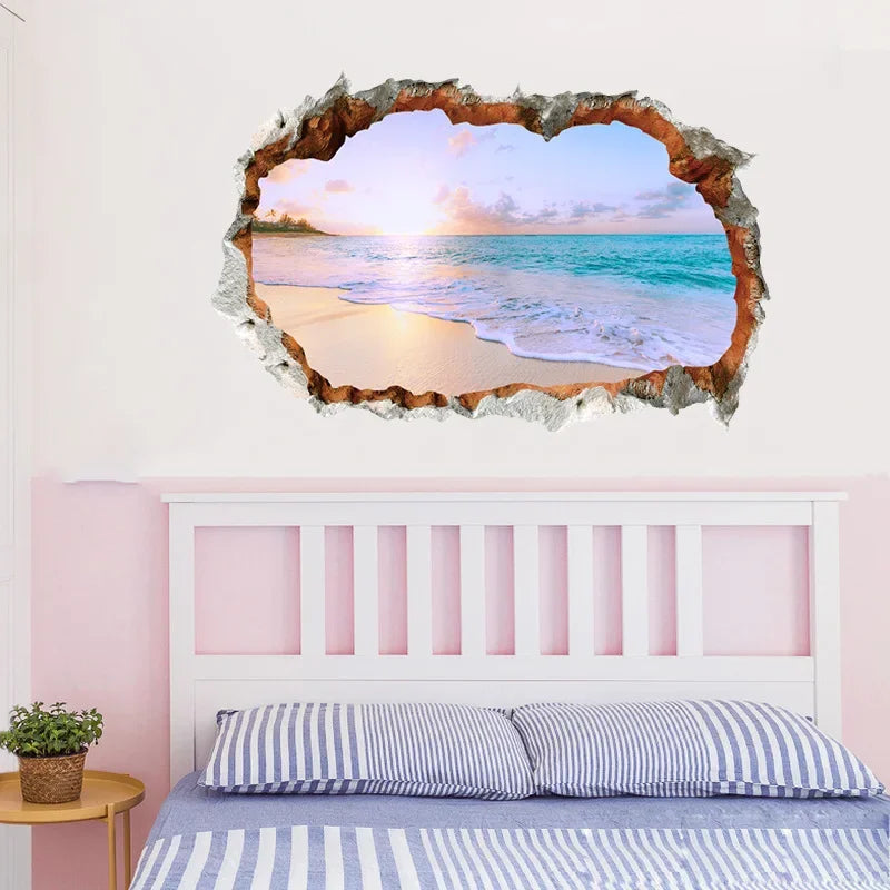 Wall Breaking 3D Effect Sea View Wall Stickers Waterproof Break Out of The Wall Ocean Beach Landscape Wall Decals Sticker