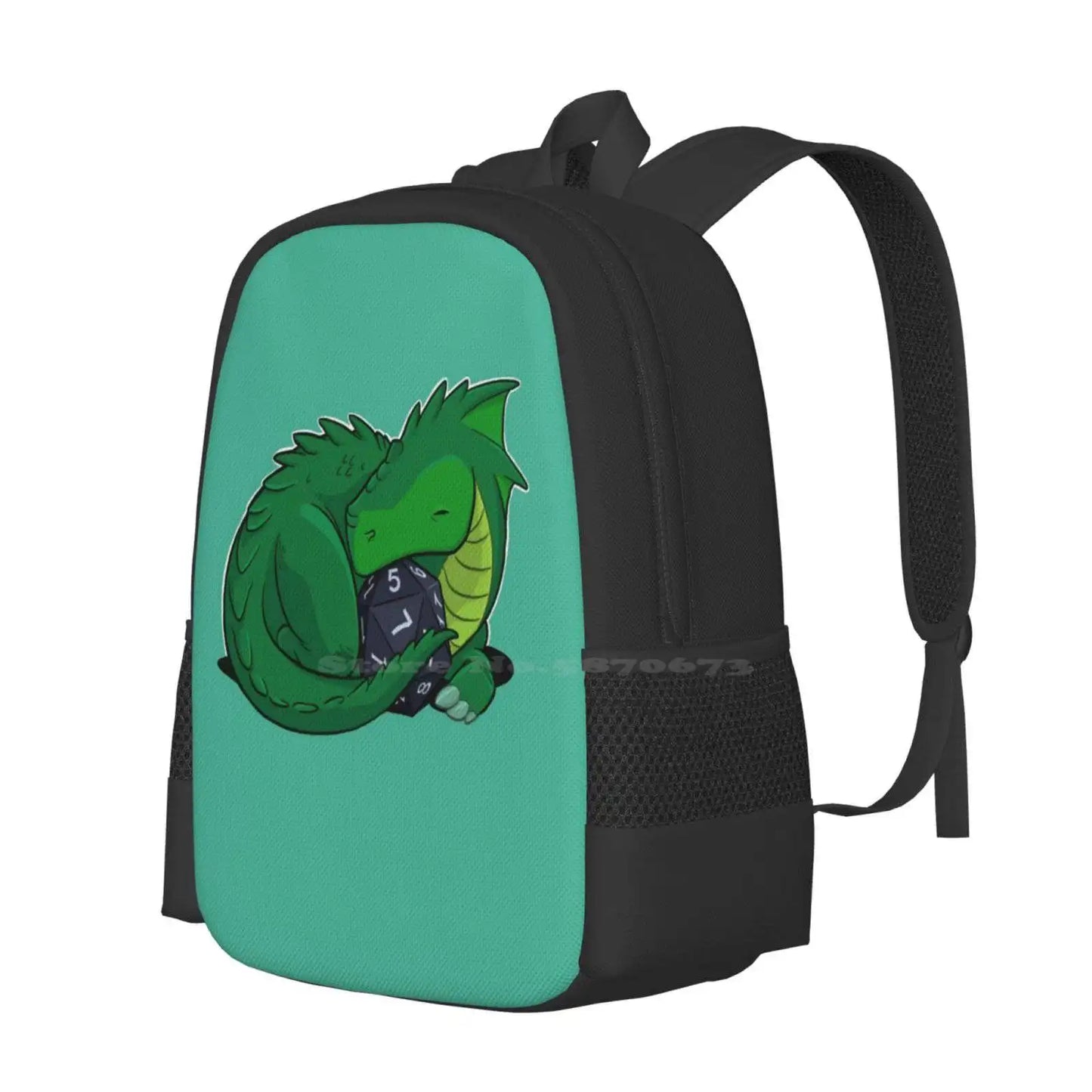 Mochila D20 Dragón Verde para estudiante, escuela, portátil, bolsa de viaje, campaña de bebé dragón, dibujos animados, criatura de cómics, dados D20 Dnd