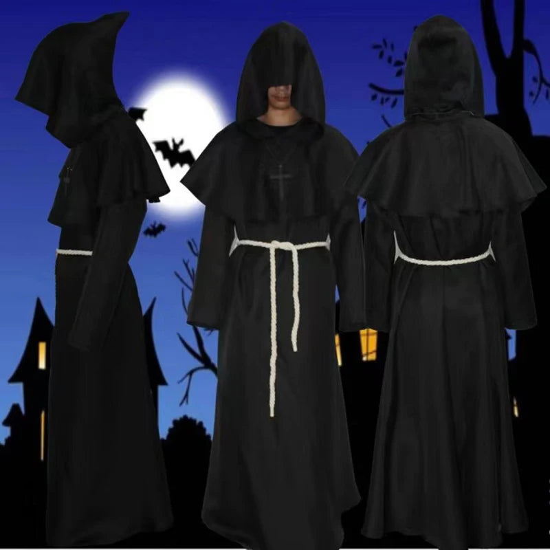 Halloween magicien Cosplay moine médiéval Robe à capuche Costume masque chapeau pour hommes Steampunk prêtre horreur mascarade unisexe Cape Cape