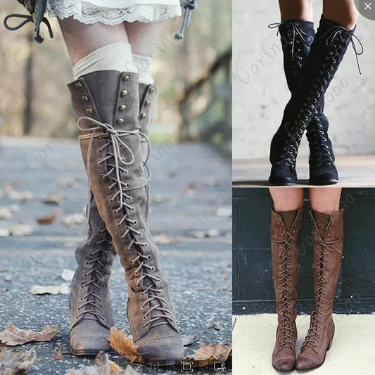 Medieval Retro Women Princess Knight Cosplay PU Leather High Boots gothic British Style Carnival Stage Fashion Casual Boot Shoes