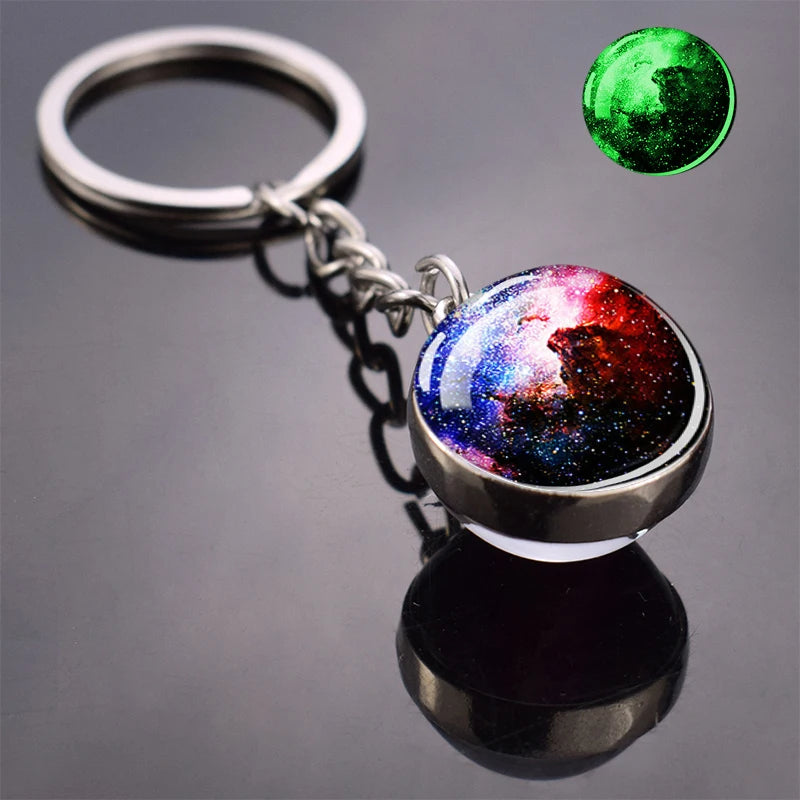 Glow In The Dark Multicolor Planet Galaxy Keychain Universe Key Chain Outer Space Astronomical Jewelry Glass Ball Keyring