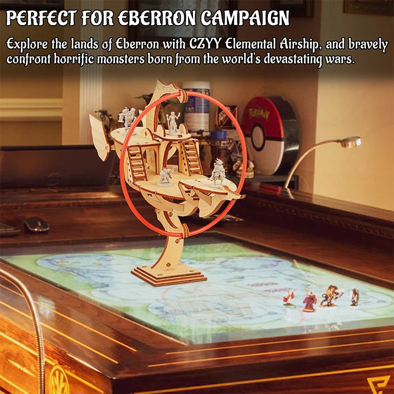 D&amp;D Eberron Elemental Dirigeable Modèle Bois Laser Cut Fantasy Skyship Terrain Carte avec grille 1"