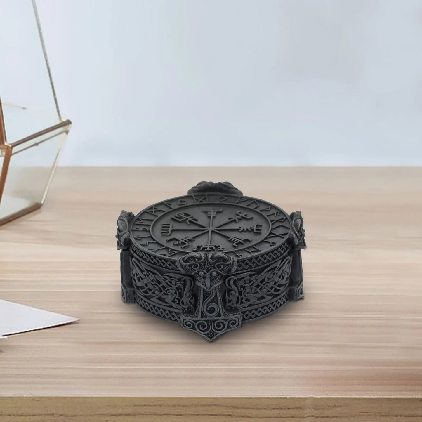 Norse Viking Portable Jewelry Storage Box Knotwork Hammer for Adornment Collectible Figurine Birthday Gift Home Decor Rings