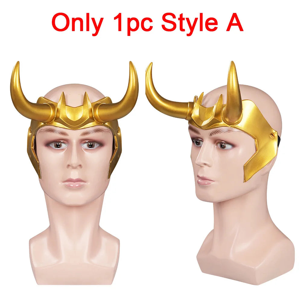 Fancy Loki Horns Mask For Men Movie Super Villain Cosplay Costume Accessories Golden Latex Helmet Man Woman Fantasy Props Gifts