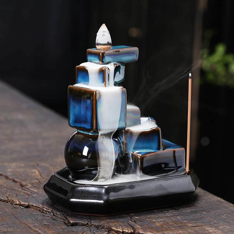 Blue Cubes Waterfall-Cascading Backflow Incense Burner - 