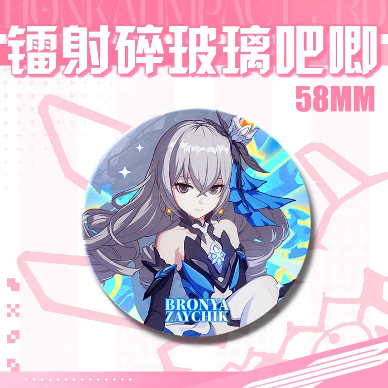 Kawaii Honkai Impact 3 Valkyrie Girls 58mm Laser Pin Badge Cosplay Accessories for Clothes Backpack Decor Brooch Gifts Keychain