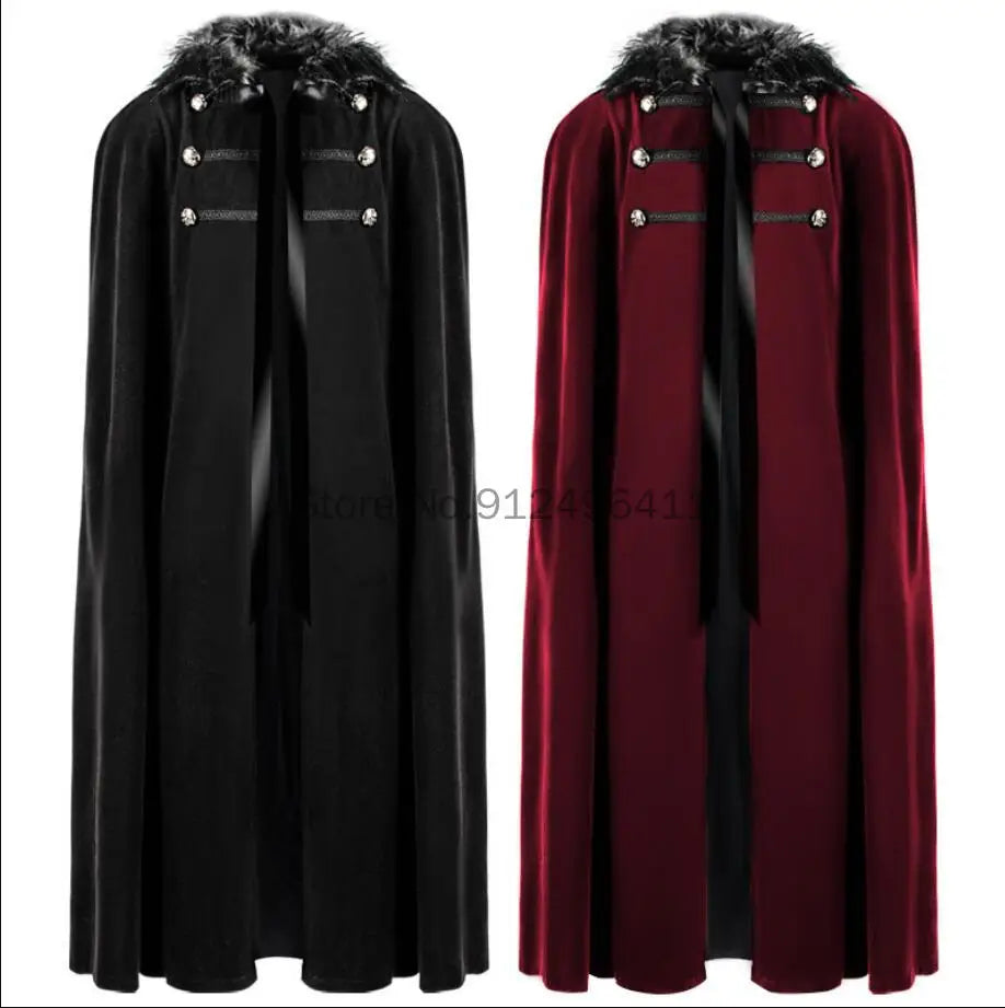 Cosplay Hallween Unisex Medieval Steampunk Winter Cape Maxi Larp  Pirate Cloak Halloween Fur Hooded Long Gothic Jacket
