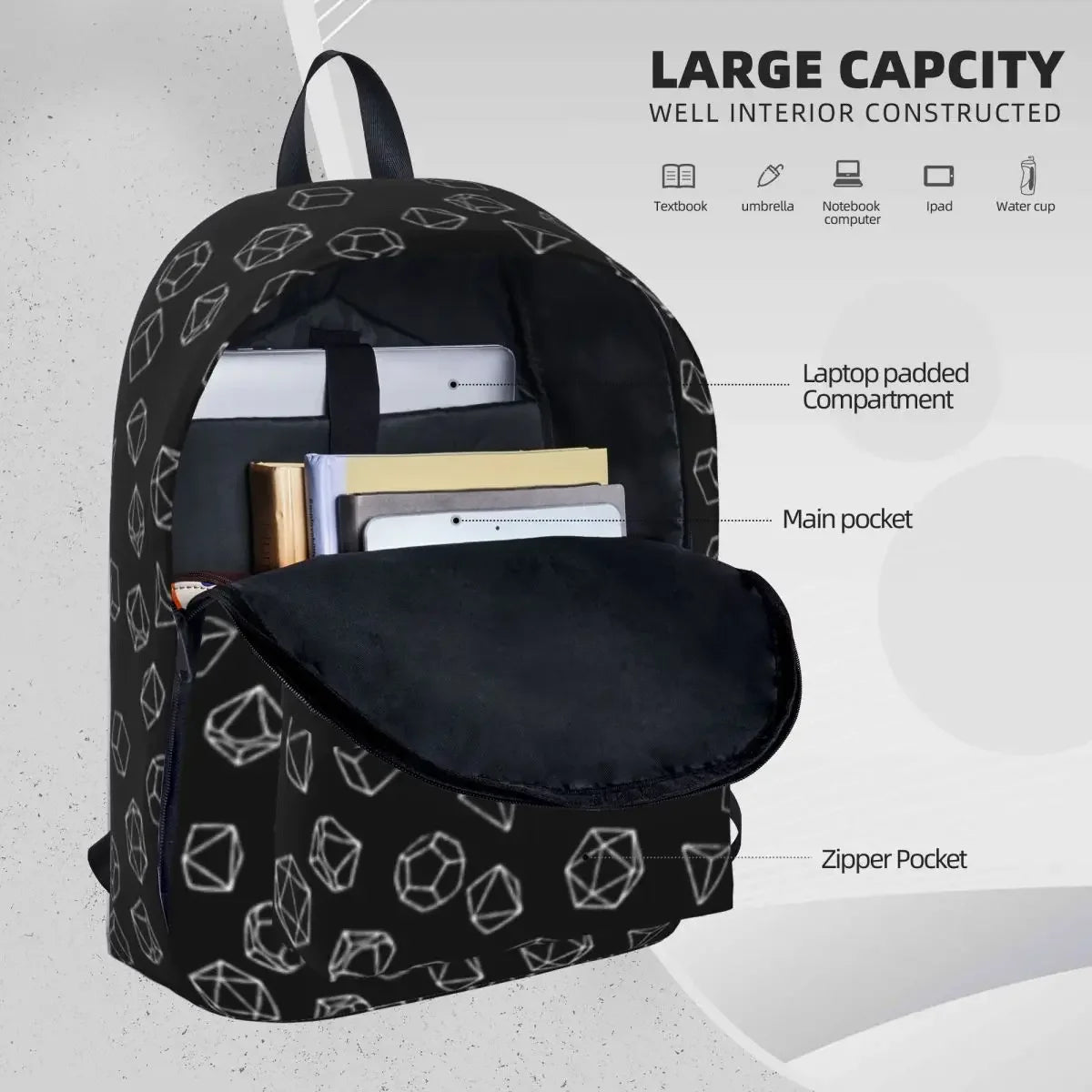 DnD Dice blanco sobre negro patrón mujer mochilas niños niñas mochila moda estudiantes mochilas escolares portabilidad portátil mochila