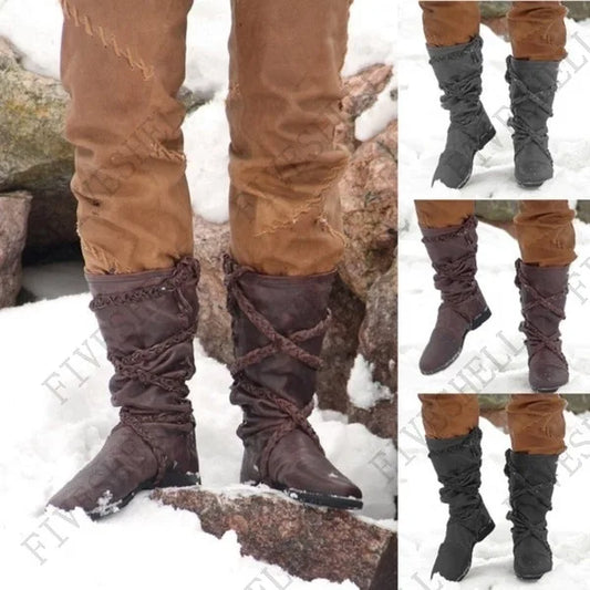 2023 Medieval Viking Pirate Costume Retro Men's Boots Halloween Cosplay Winter PU Boot Knight Women Bandage Gothic Shoes