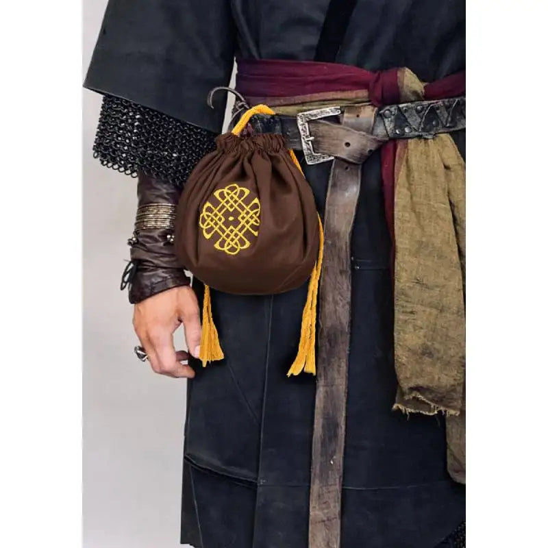 WENAM Medieval Drawstring Coin Jewelry Pouch Viking Cosplay Silk Purse with Tassels Embroidered Pouch Coin Purse Waist Bags