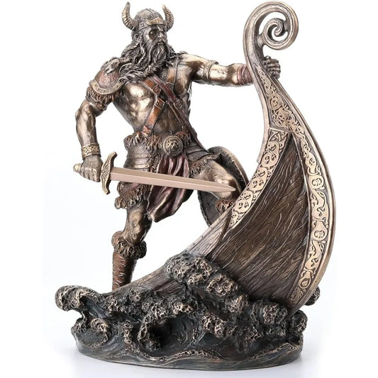 Outdoor Decorations 9.5 Inch Norse Viking Warrior Standing On Long Ship Prow Antique Bronze Finish Statue Yard and Garden Decors
