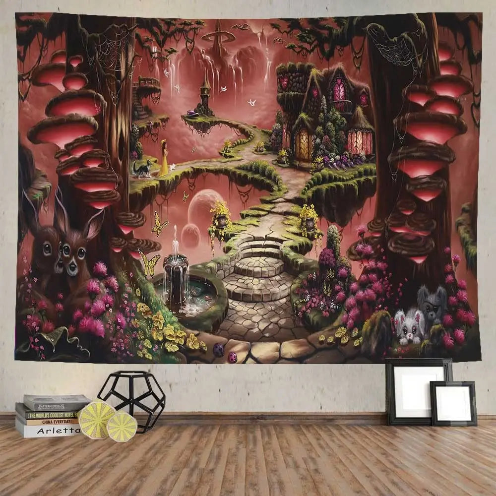 Tapisserie murale suspendue en forme d'arche de conte de fées, forêt enchantée, paysage d'humeur sombre et brumeuse, décor de salle d'art mural