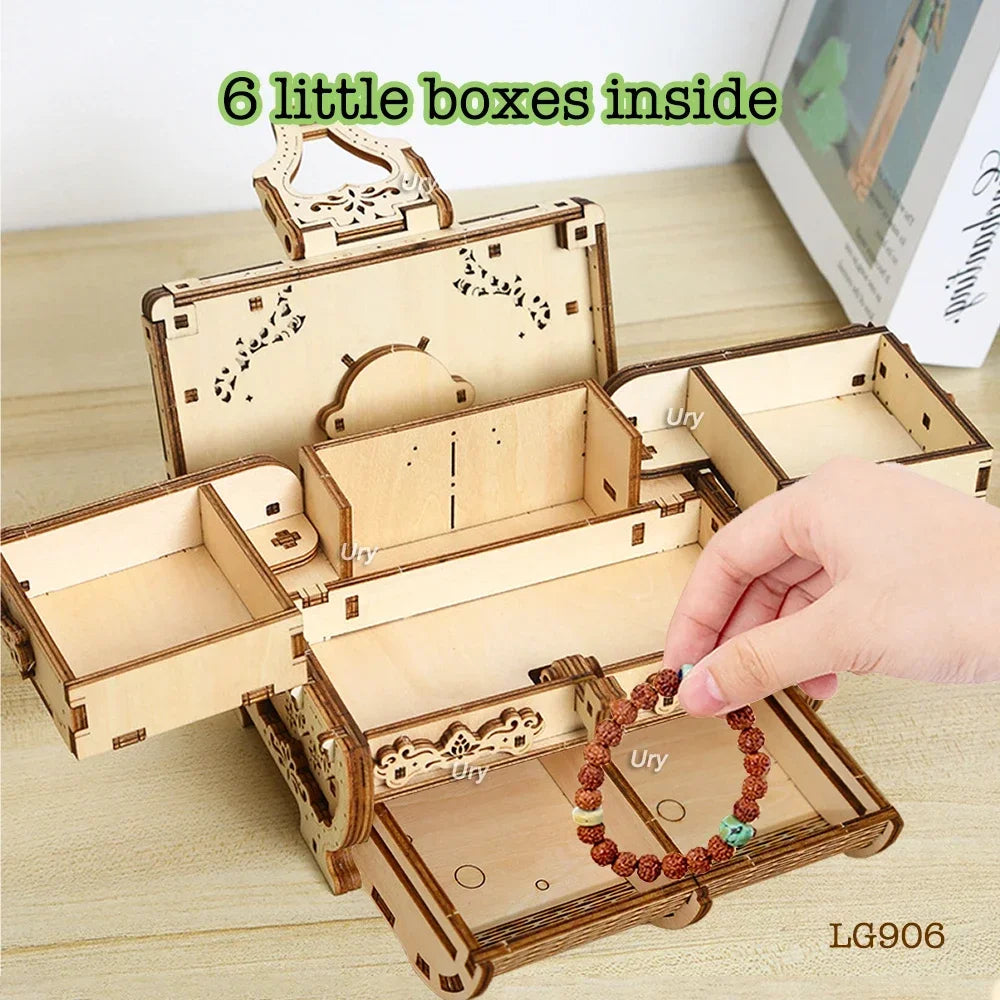 Dice box URY 3D Wooden Puzzle Antique Treasure Box Dressing Case DIY Game Advanced Assembly Model Toys Creative Gift for Lady Girls