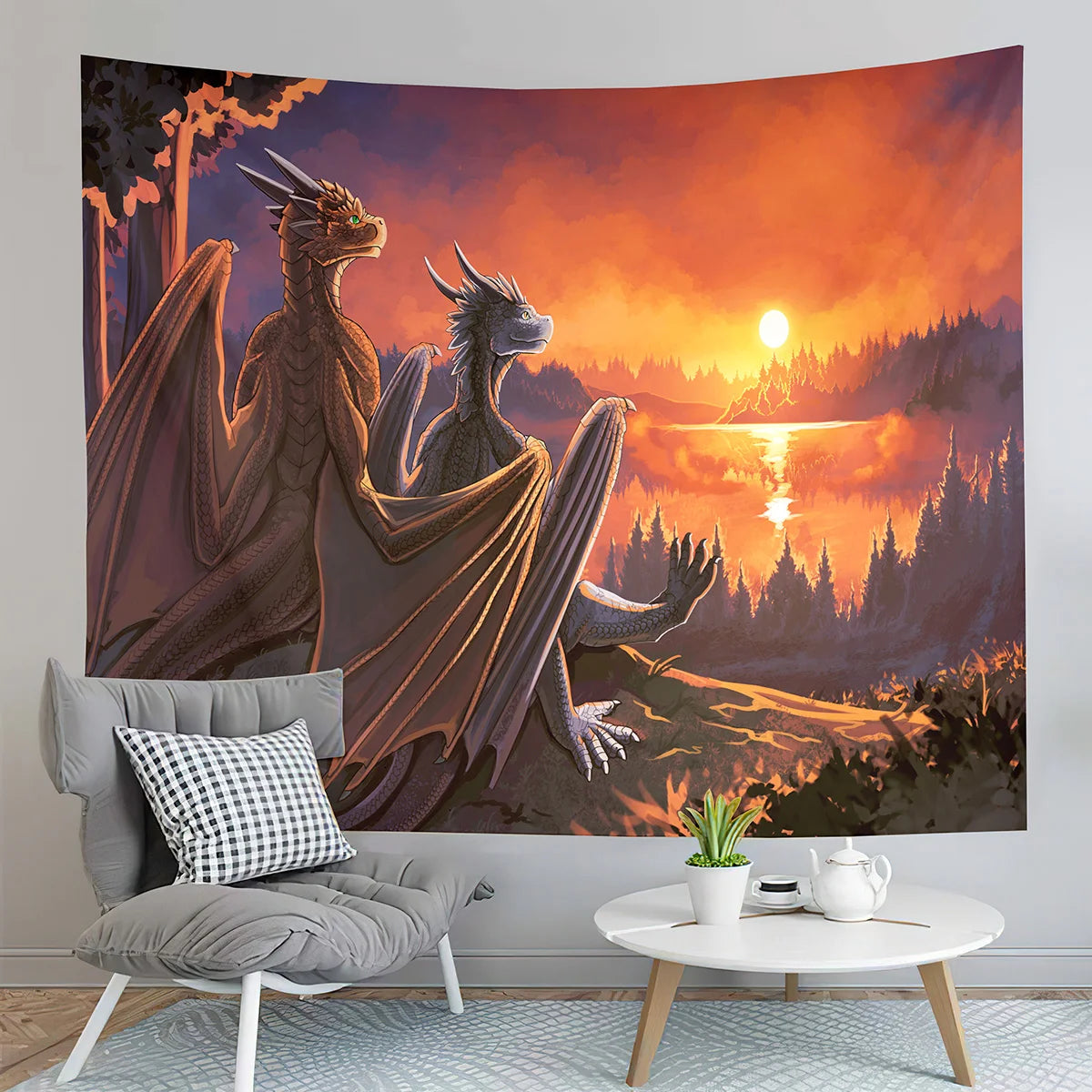 Tapiz de dragón Medieval, tapiz de puesta de sol de bosque, tapiz de animales del mundo de fantasía, tapiz para dormitorio, sala de estar, decoración del hogar