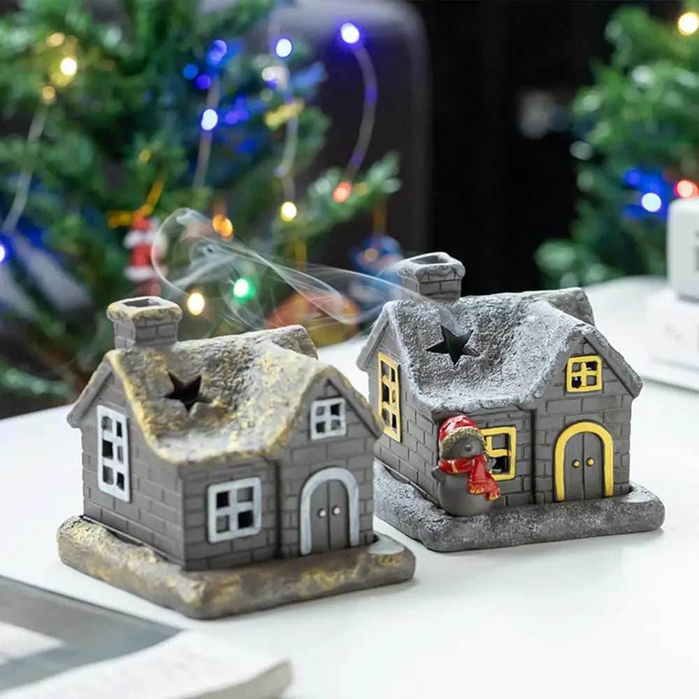 Christmas House Incense Burner - Ceramic Aroma Cone Burner with Chimney Design and Ash Catcher for Table Décor - gold / CHINA