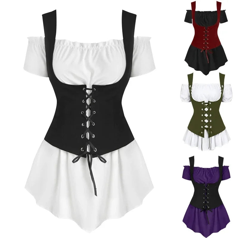 Medieval Renaissance Victoria Dress Women Steampunk Cosplay Costumes Halloween Carnival Gothic Shirt Vest Viking Pirate Clothing