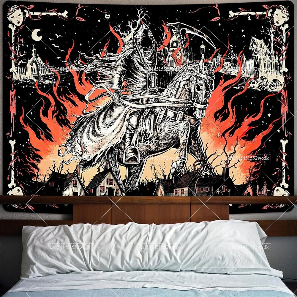 Tapisserie murale suspendue de chevalier médiéval, crâne d'horreur, flamme, pour décor de fond de chambre à coucher, arrière-plan de fête esthétique