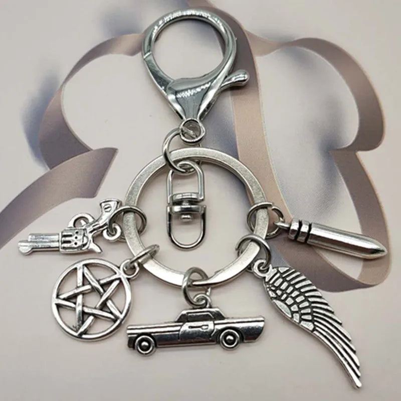Porte-clés surnaturel du film de mode, pendentif Dean Sun, anneau de retenue, unisexe, pentagramme en métal