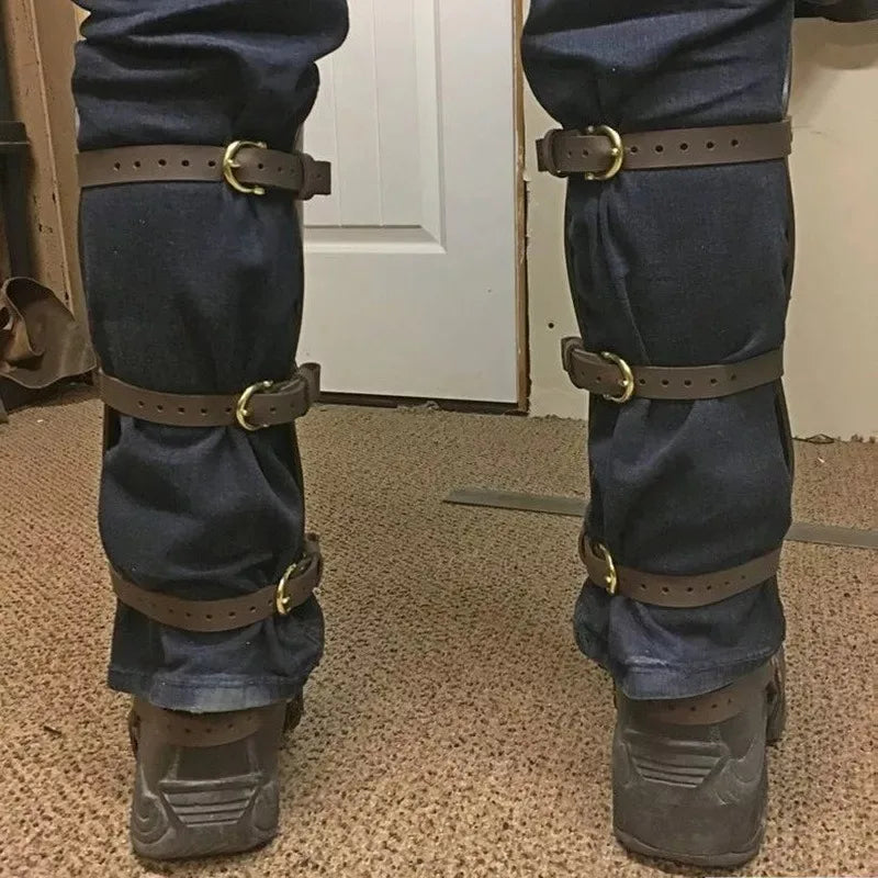 Guêtre de jambe en cuir Steampunk médiéval couvre-bottes de chaussures Vintage guerrier Cavalier soldat Costume armure demi-chaps Leggings