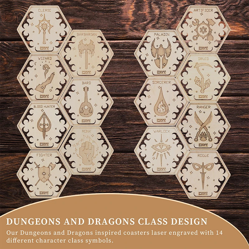 Posavasos de clase, juego de 14 con soporte, posavasos hexagonales para juegos, madera grabada con láser, iconos de clases DND, regalo