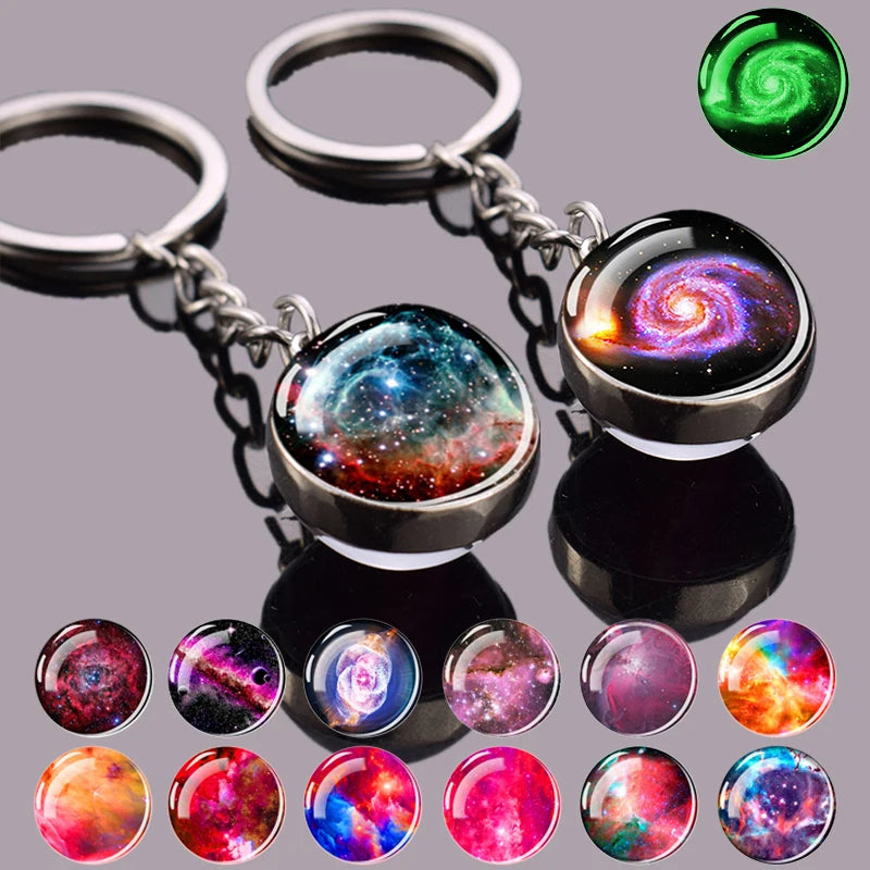 Glow In The Dark Multicolor Planet Galaxy Keychain Universe Key Chain Outer Space Astronomical Jewelry Glass Ball Keyring