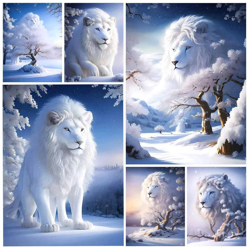 Pintura de diamante de León Blanco, nuevo paisaje de animales de nieve, mosaico de diamantes completo, bordado cuadrado/redondo, decoración de diamantes de imitación WE1231