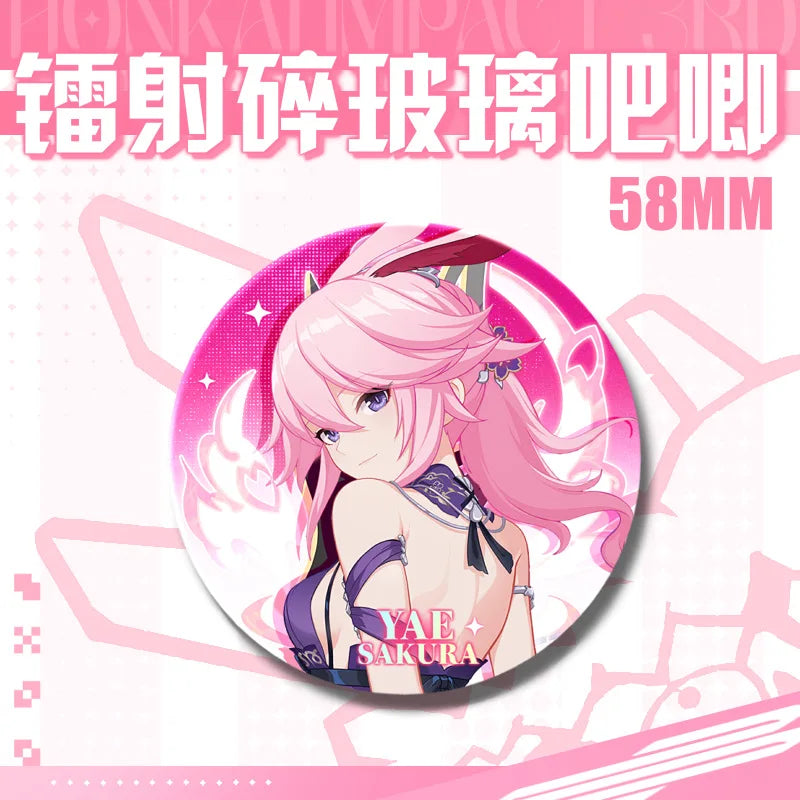 Kawaii Honkai Impact 3 Valkyrie Girls 58mm Laser Pin Badge Cosplay Accessories for Clothes Backpack Decor Brooch Gifts Keychain