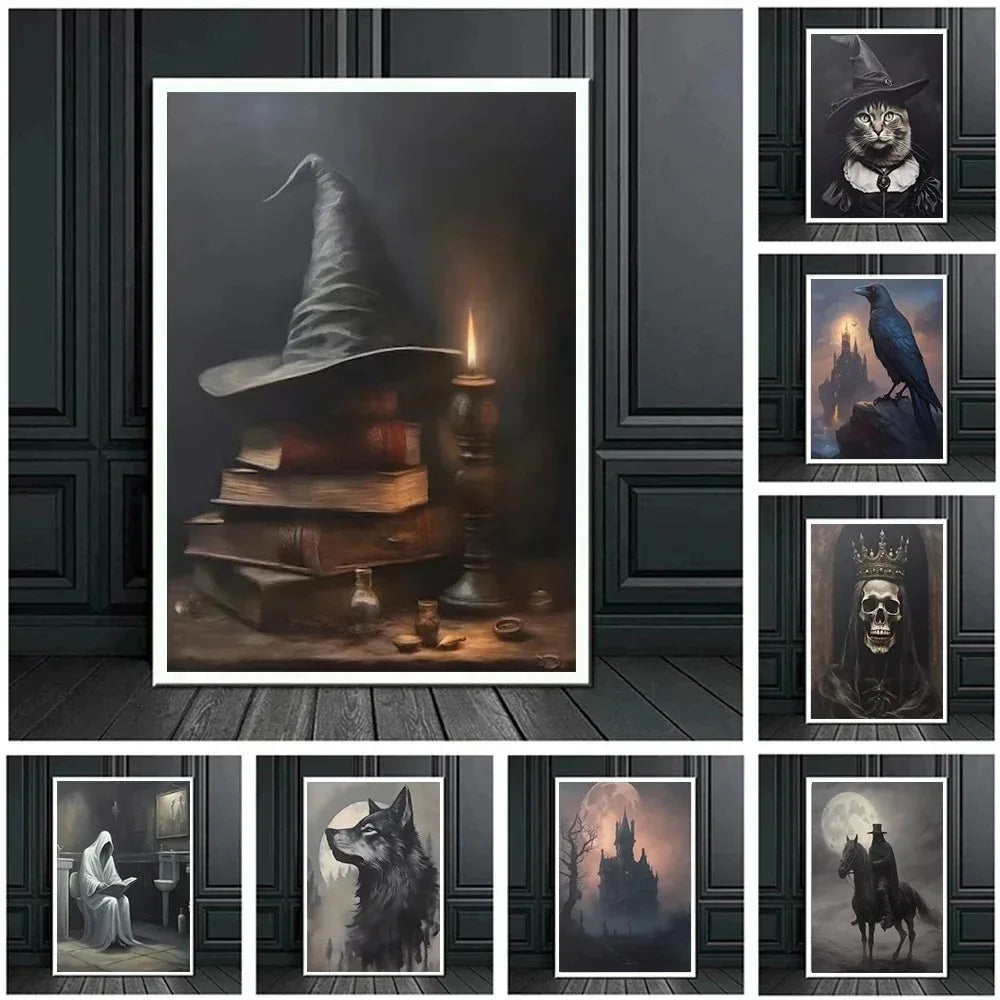 Dark Academia Art Crow Raven Witch Cat Poster Prints For Living Room Home Decor Gothic Knight Ghost Canvas Painting Wall Art