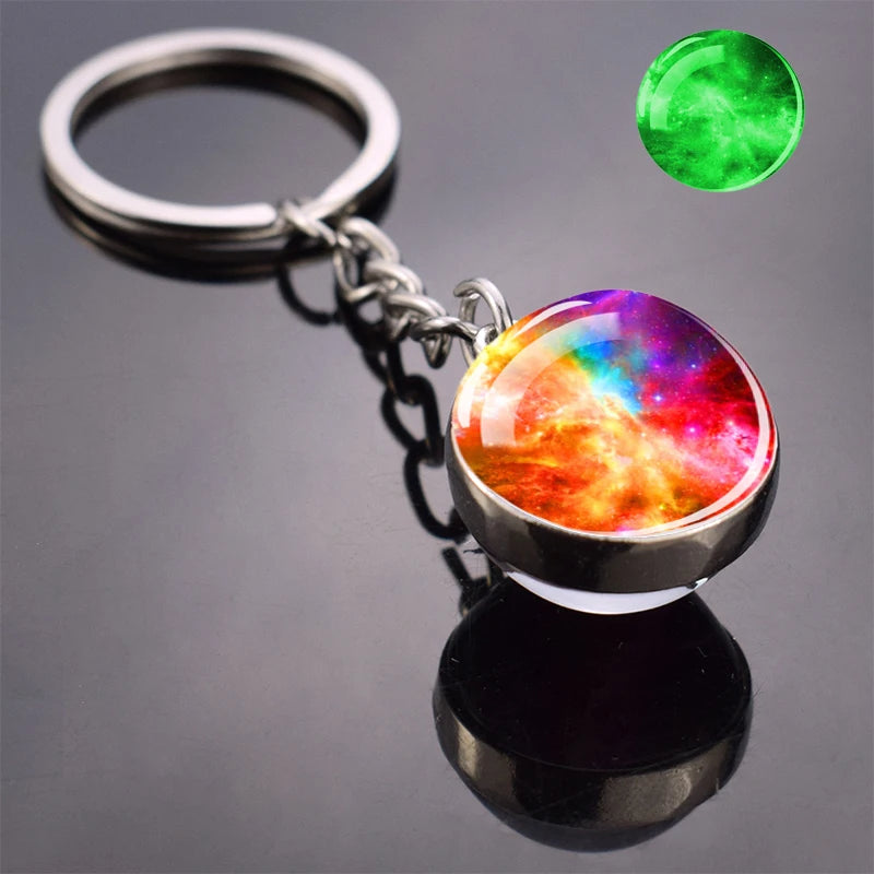 Glow In The Dark Multicolor Planet Galaxy Keychain Universe Key Chain Outer Space Astronomical Jewelry Glass Ball Keyring