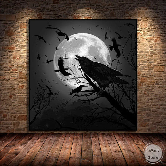 Retro Flying Crow Raven Barking At The Moon Nature Landscape Art Poster Canvas Painting Wall Art Print Picture Office Home Decor