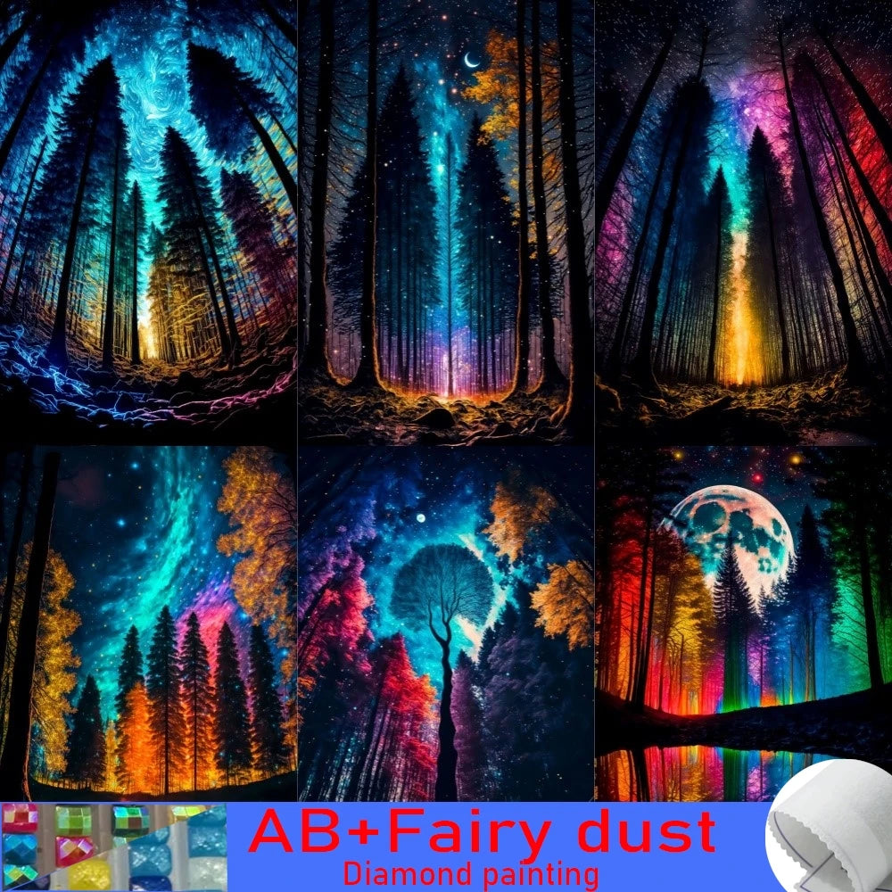Pintura de diamante 5D de polvo de Hada AB, 120 colores, estrellas brillantes coloridas, Aurora, bosque de fantasía, mosaico, bordado cruzado, sala de estar