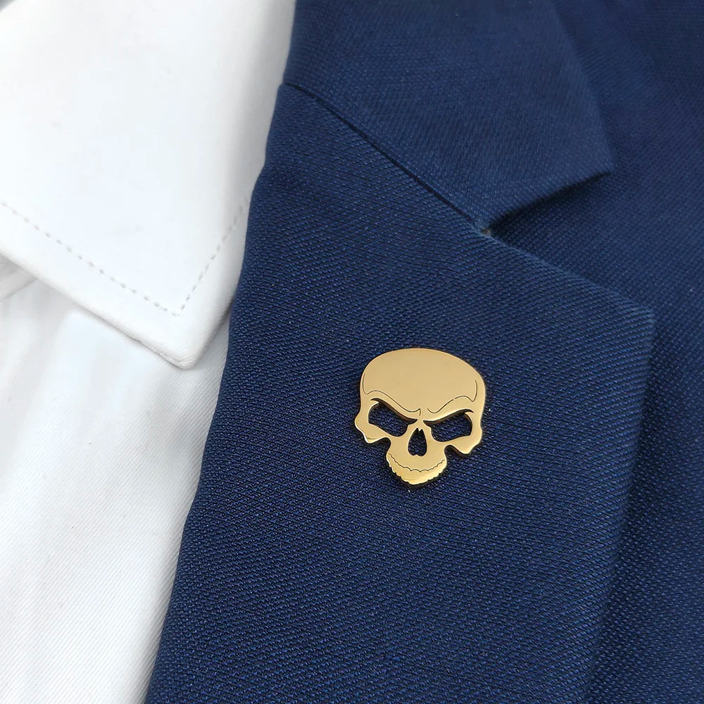 New skull men's lapel pin, 316L stainless steel gold-plated badge, black brooch for suit accessories, gift for father