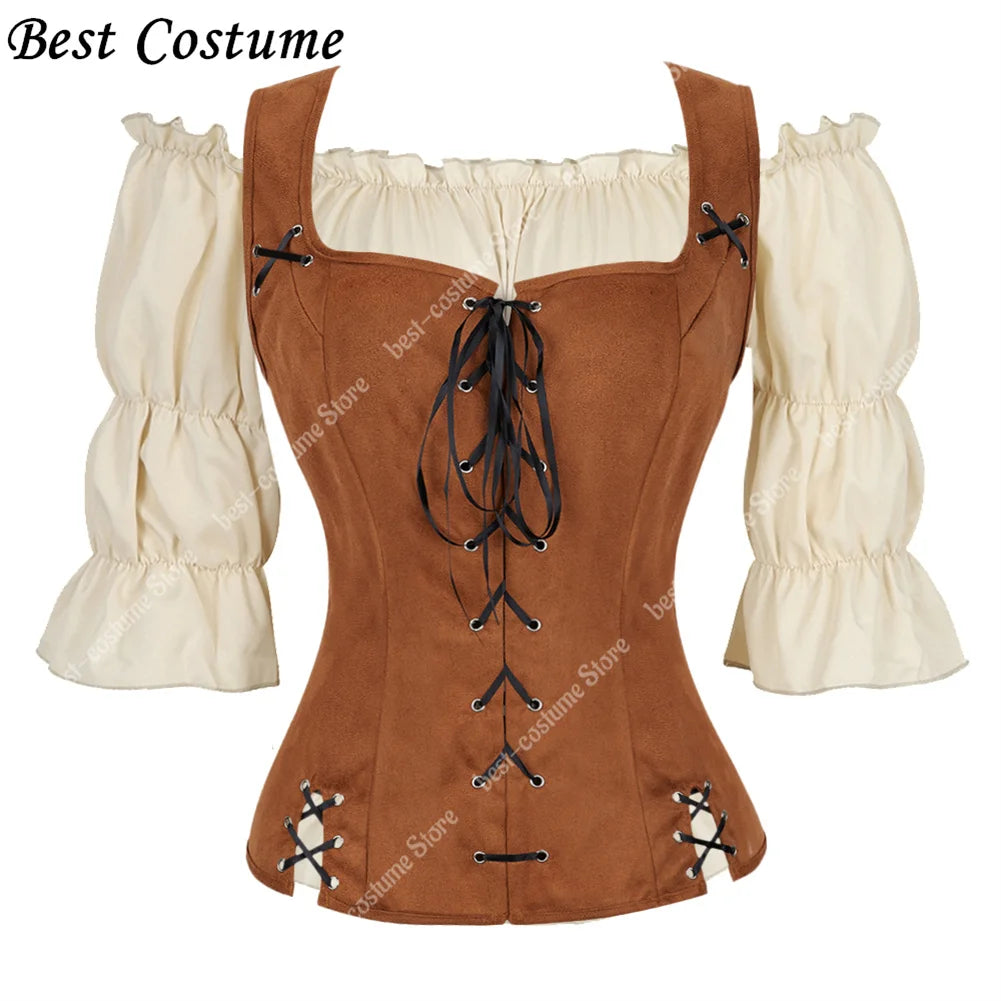 Pirate Costume Women Medieval Vest Cosplay Plus Size Medieval Blouse Tops 2 Pieces Sets Renaissance Vest Brown Black Blue