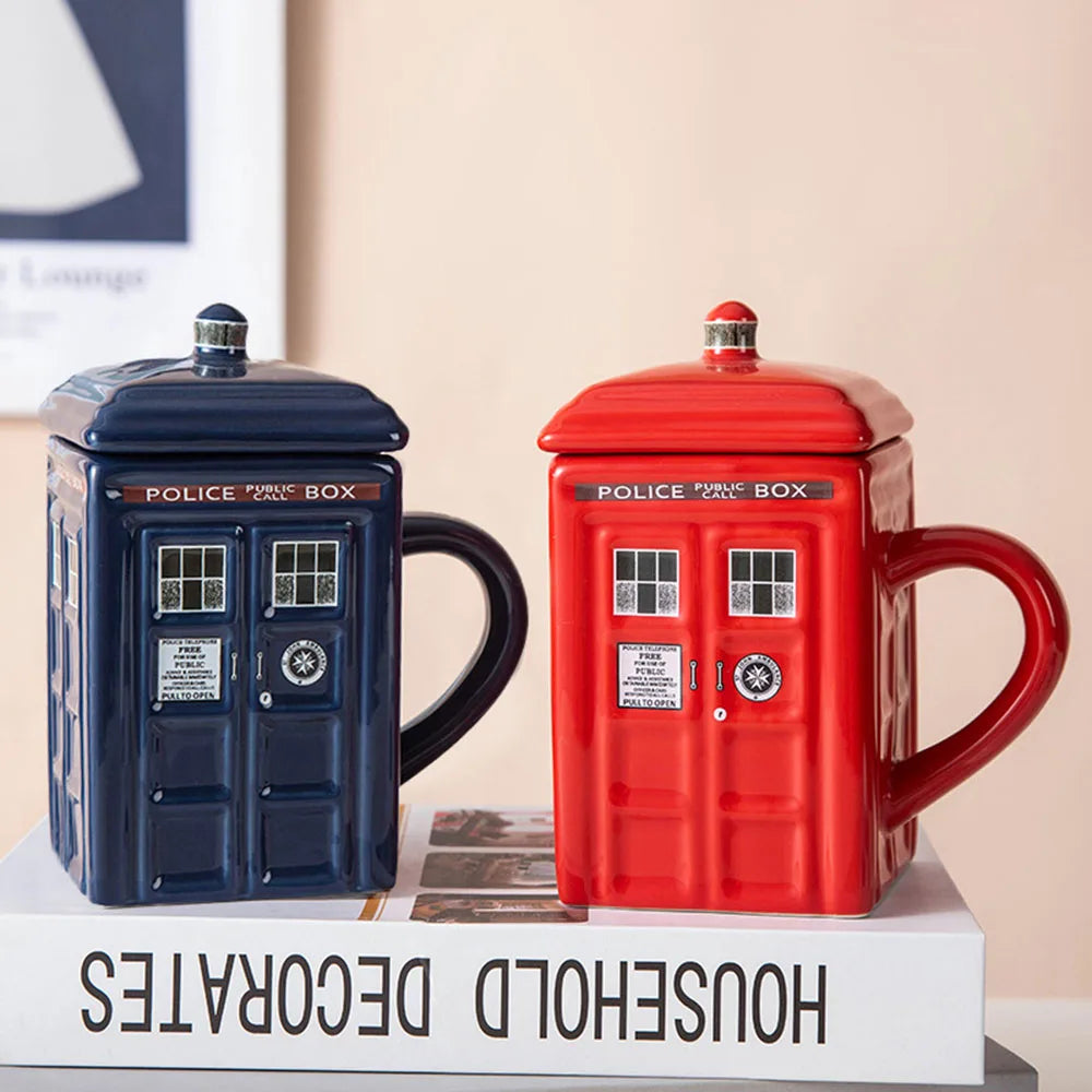 Creative Retro British Police Booth Cup Ceramic Phone Booth Square Cups With Cover Novelty Mug Coffee Tea Handle Cup Drinkware